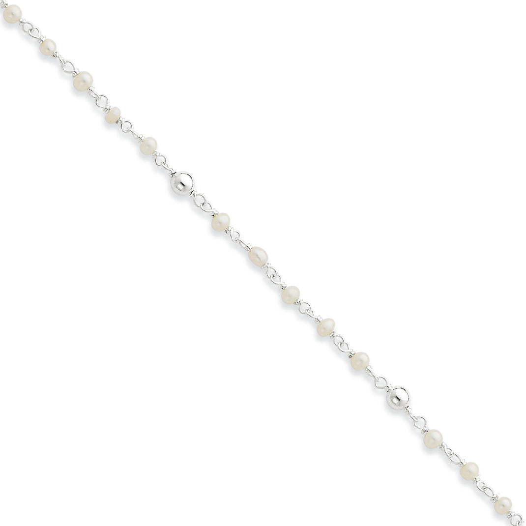 Sterling Silver Polished Freshwater Cultured Pearl & Heart Anklet 10 Inches