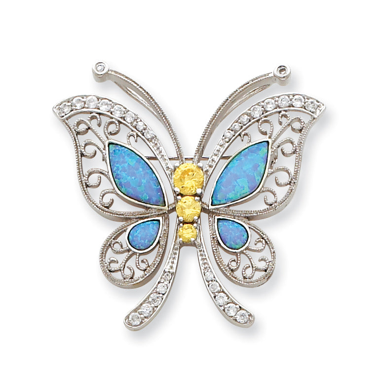 Sterling Silver Blue Opal with Yellow and Clear CZ Butterfly Pin