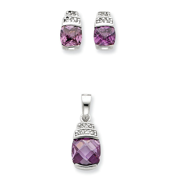 Sterling Silver Purple & Clear CZ Pendant & Earring Set