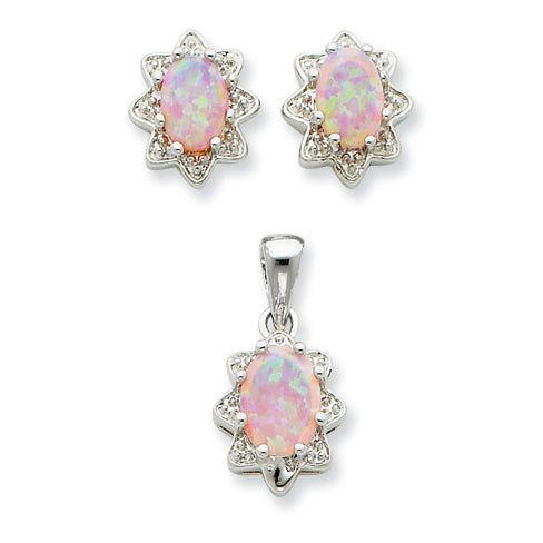 Sterling Silver Created Opal & CZ Pendant & Earring Set