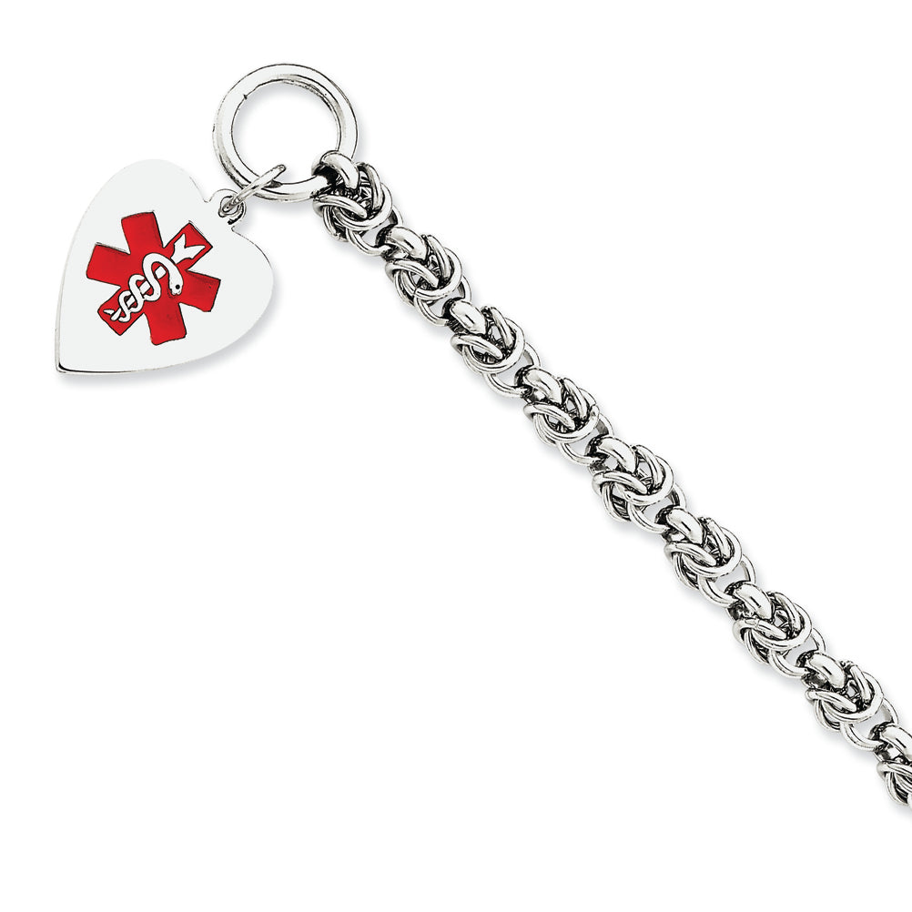 Sterling Silver Engraveable Enameled Heart Medical ID Bracelet 8.75 Inches