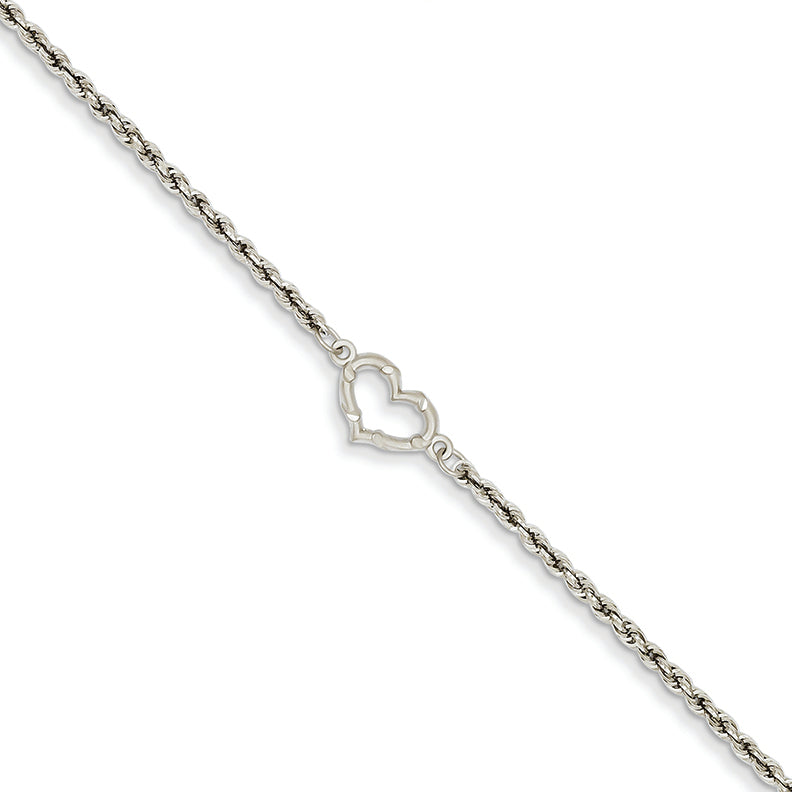 14K White Gold Rope with Heart Anklet 10 Inches