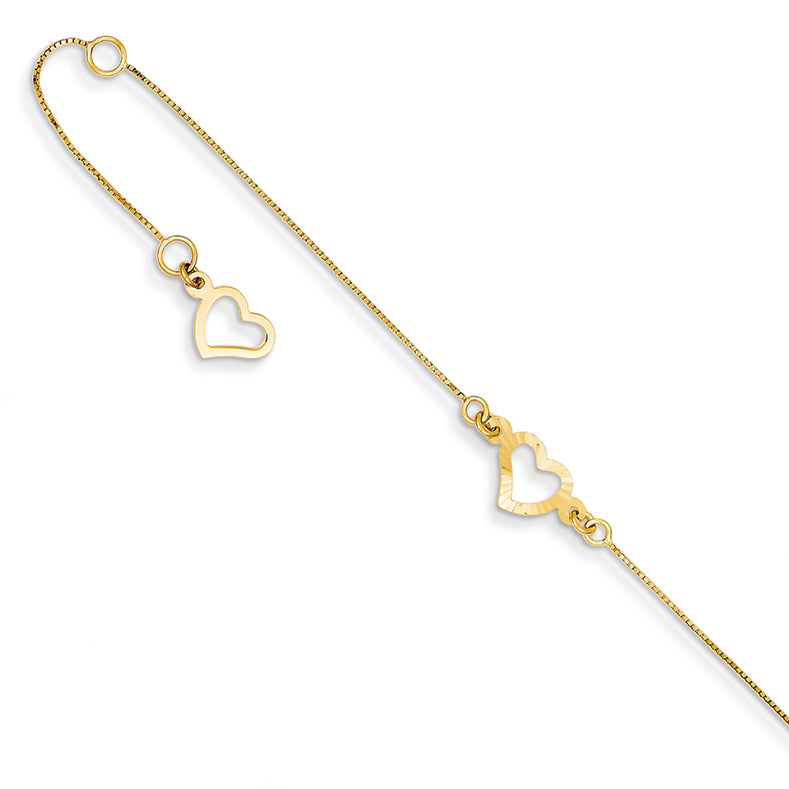 14K Gold Adjustable Fancy Heart Anklet 9 Inches