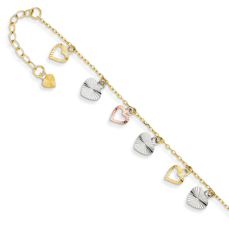 14K Gold Tri-Color Adjustable Heart Anklet 9 Inches