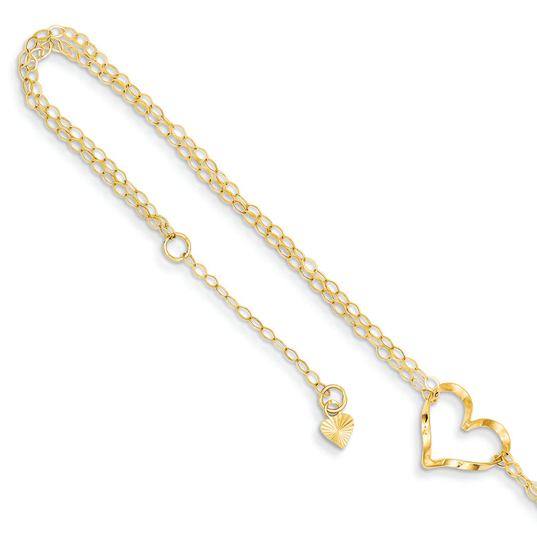 14K Gold Double Strand Heart Anklet 9 Inches