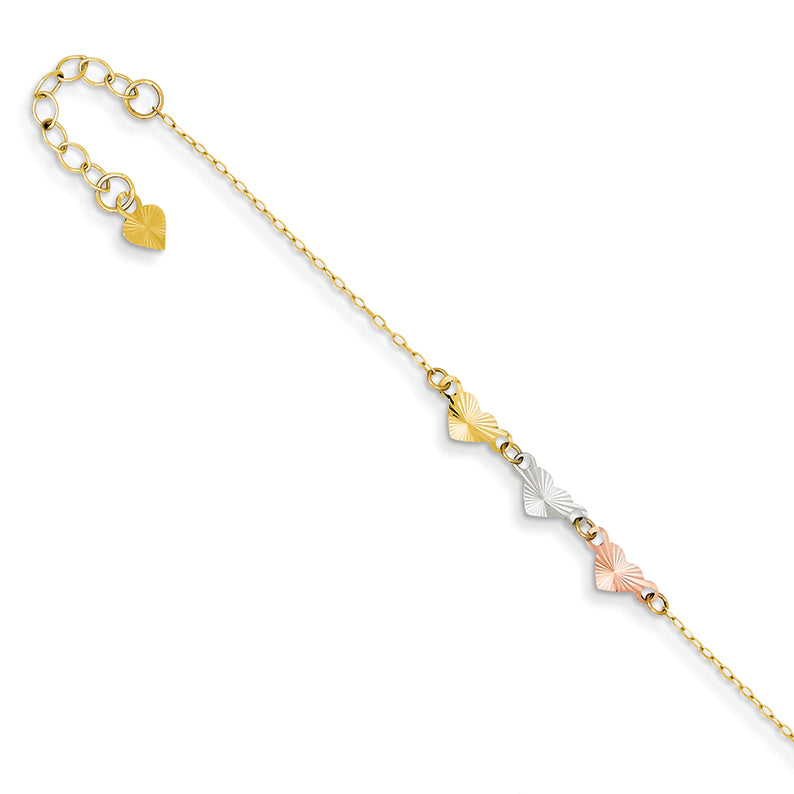 14K Gold Tri-Color Adjustable Heart Anklet 9 Inches