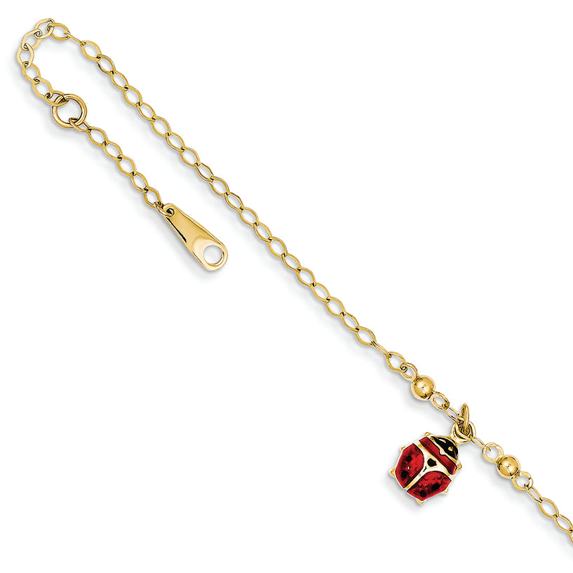 14K Gold Adjustable Enameled Ladybug Anklet 10 Inches
