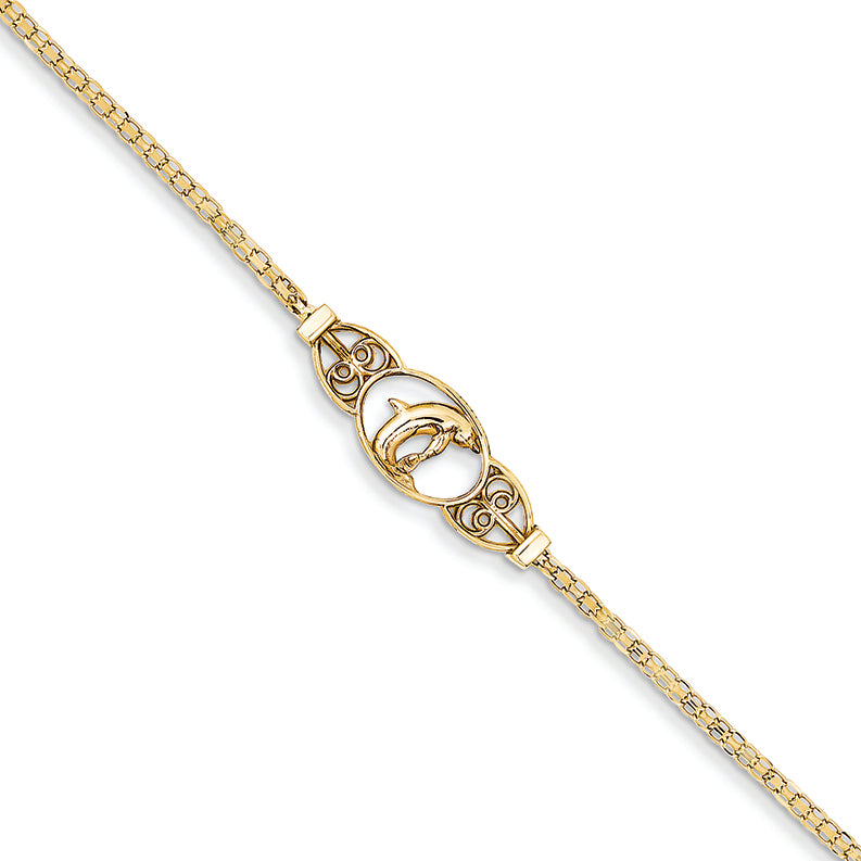 14K Gold Polished Dolphin Anklet 9 Inches