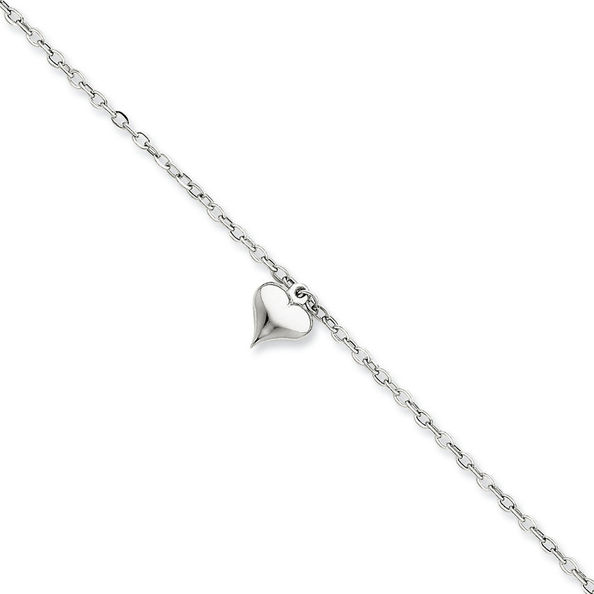 14K White Gold Dangle Heart 9.25 in w/ 1in ext Anklet 10 Inches