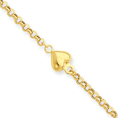 14K Gold Puff Heart 9in with 1in ext Anklet 10 Inches