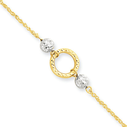 14K Gold Two-tone Circle & Bead 9in with 1in ext Anklet 10 Inches