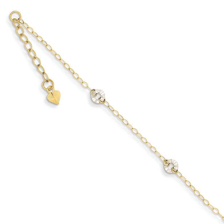 14K Gold Two-tone Oval Chain with Wavy Circles W/ 1in Ext Anklet 9 Inches