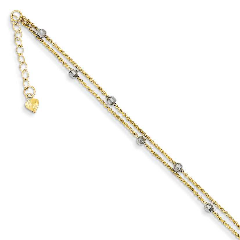 14K Gold Two-tone 2 Stand Spiga Mirror Beads W/ 1in Ext Anklet 9 Inches