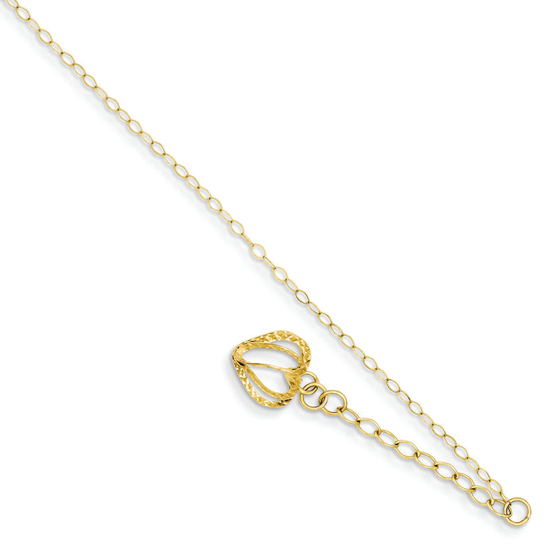 14K Gold Oval Link Chain with D/C Open Heart Cage w/ 1in Ext  Anklet 9 Inches