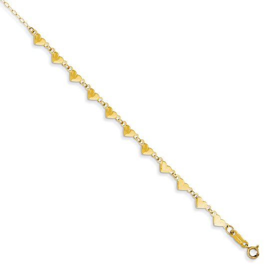14K Gold Oval Link Chain with Hearts w/ 1in Ext Anklet 9 Inches
