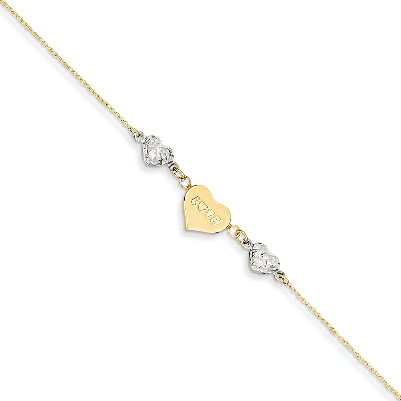14K Gold Two-tone Ropa D/C Beads/Puff Heart LOVE w/ 1in Ext Anklet 9 Inches