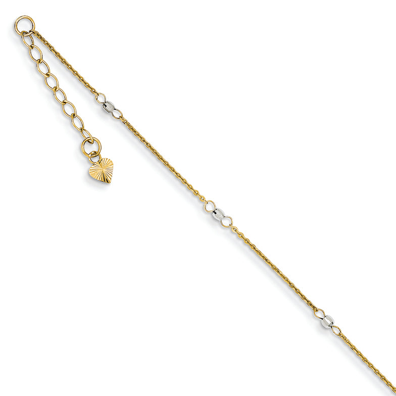 14K Gold Cable Two-tone  with Mirror Beads w/1in Ext Anklet 9 Inches