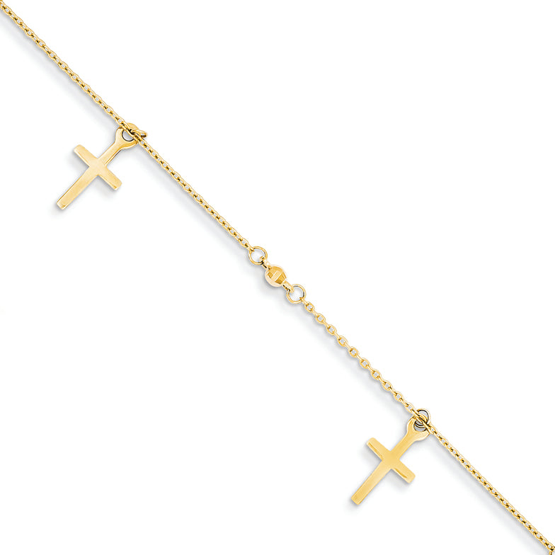 14K Gold Polished and Textured Cross w/ 1in ext. Anklet 9 Inches