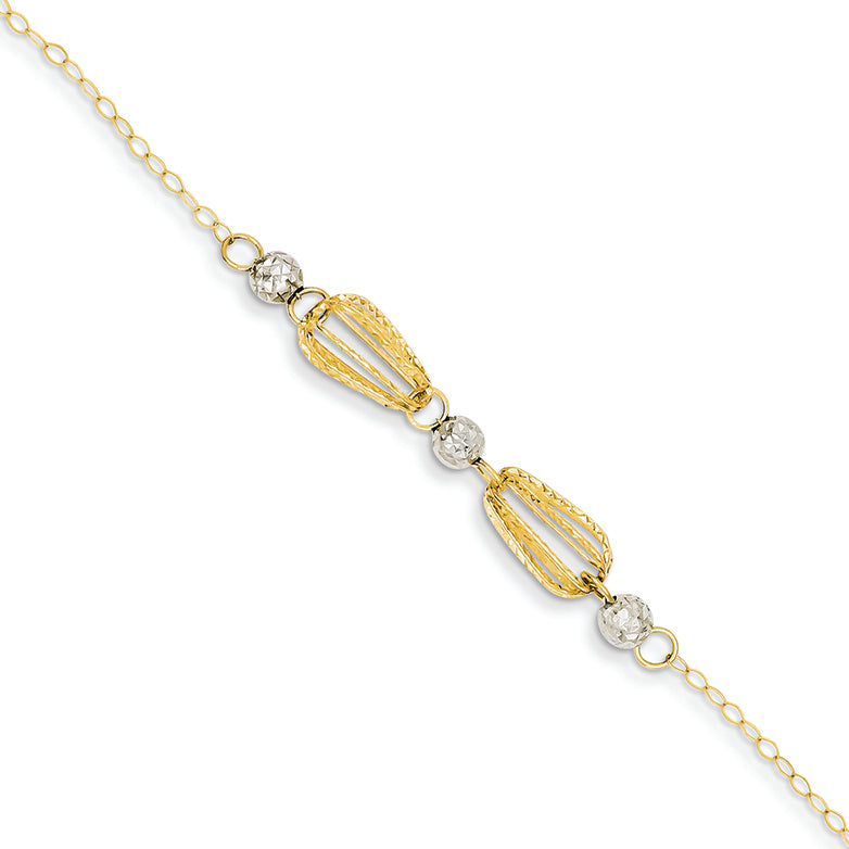14K Gold Two-tone Diamond Cut Teardrop Cages & Bead w/ 1in Ext Anklet 9 Inches