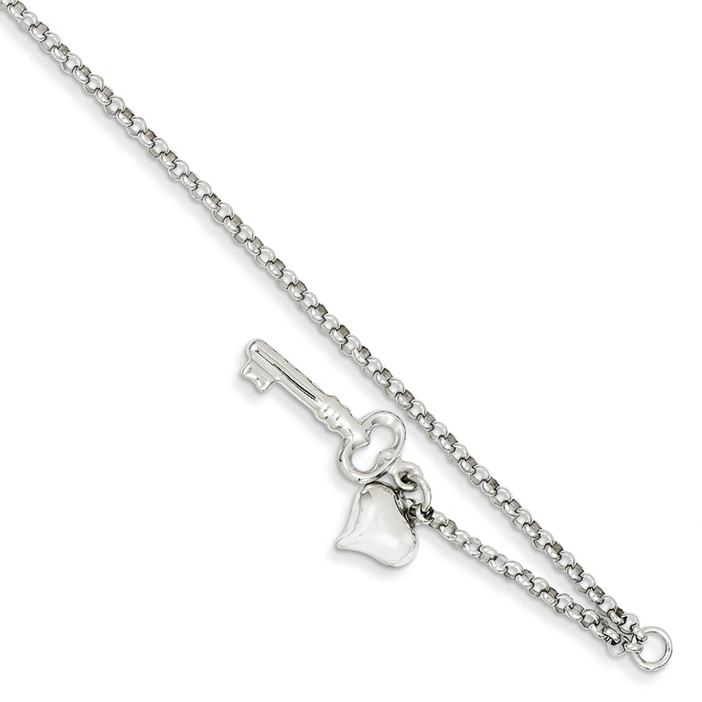 14K White Gold Adjustable Polished Puffed Heart & Key Anklet 10 Inches