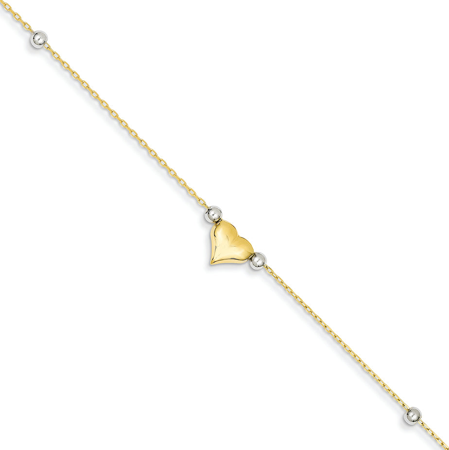 14K Gold Two-Tone Polished Puffed Heart with Beads Anklet 10 Inches