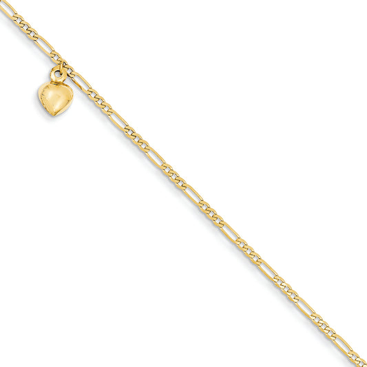 14K Gold Figaro Link with Dangling Heart Anklet 9 Inches