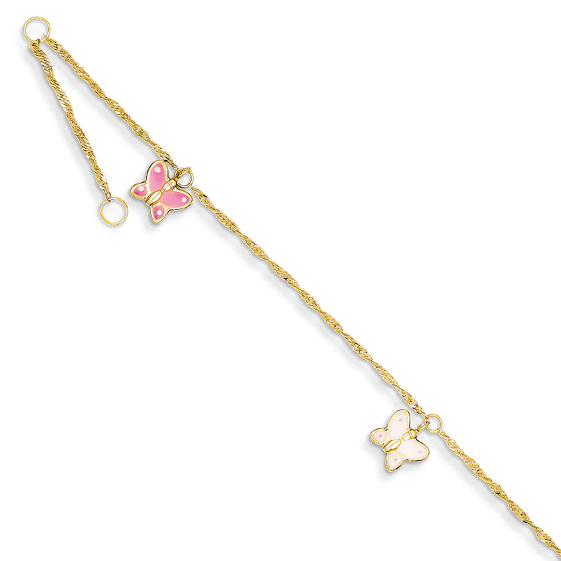 14K Gold Adjustable Enameled Butterfly Anklet 10 Inches