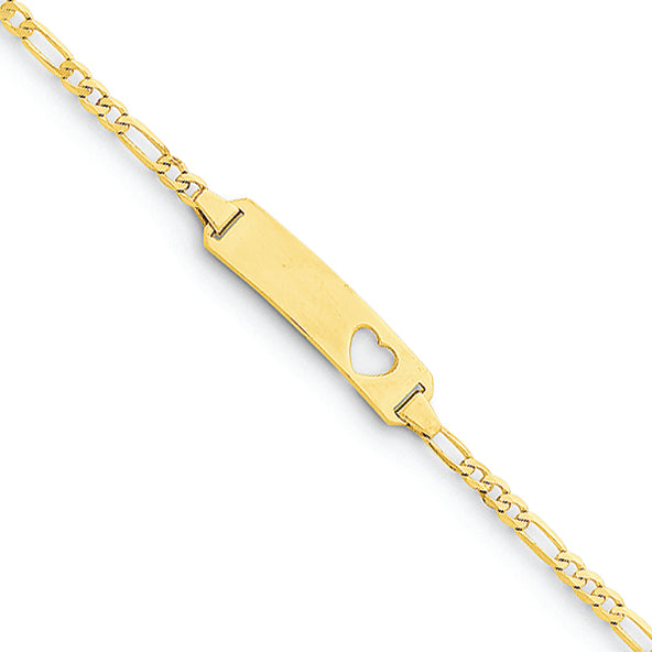 14K Gold Figaro Link Baby ID, Plate with Cut-out Heart Bracelet 5.5 Inches