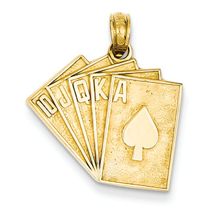 14K Gold Solid Satin Polished Royal Flush Pendant