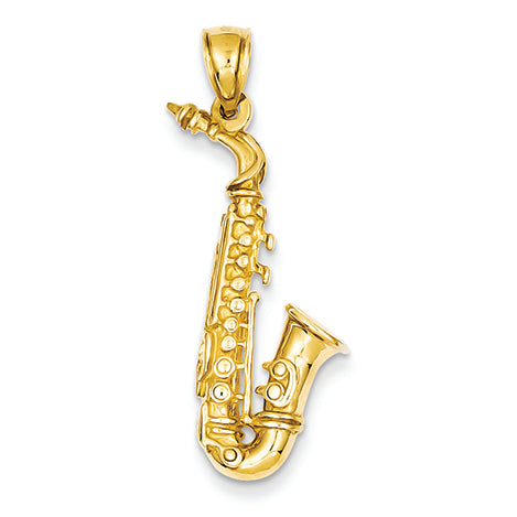 14K Gold Solid Polished 3-D Saxophone Pendant
