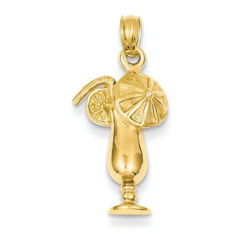 14K Gold Satin Polished Open-Backed Tropical Drink Pendant