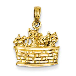 14K Gold Solid Polished 3-Dimensional Kittens in Basket Pendant