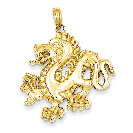 14K Gold Solid Polished Dragon Pendant