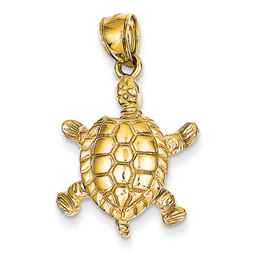 14K Gold Solid Polished 3-Dimensional Moveable Turtle Pendant