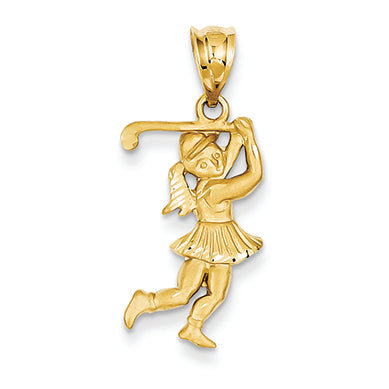 14K Gold Solid Satin Diamond-cut Open-Backed Female Golfer Charm