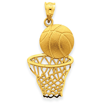 14K Gold Satin Diamond-cut Basketball & Net Pendant