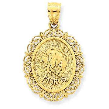 14K Gold Solid Satin Polished Taurus Zodiac Oval Pendant