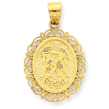 14K Gold Solid Satin Polished Gemini Zodiac Oval Pendant