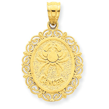 14K Gold Solid Satin Polished Cancer Zodiac Oval Pendant
