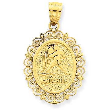 14K Gold Solid Satin Polished Aquarius Zodiac Oval Pendant