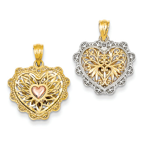 14K Gold Yellow & Rose Gold Rhodium Reversible Filigree Heart Pendant