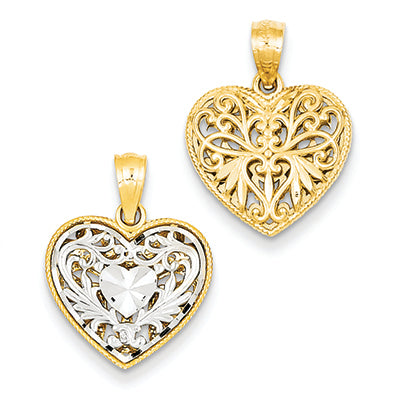 14K Gold Two-tone Reversible Filigree Heart Pendant