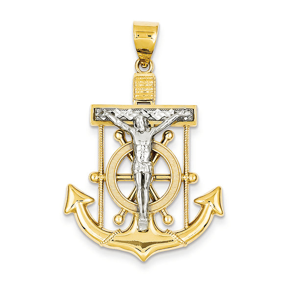 14K Gold Two-tone Diamond-cut Mariner's Cross Pendant