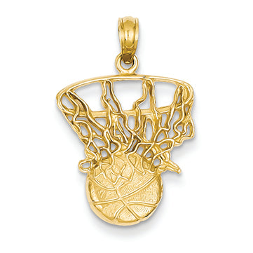 14K Gold Swoosh Basketball and Net Pendant