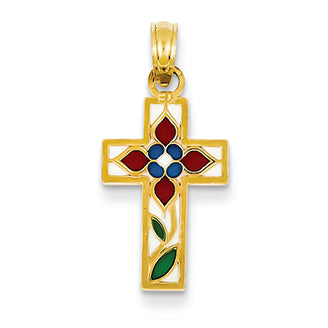 14K Gold Translucent Acrylic Flower and Stem Cross Pendant