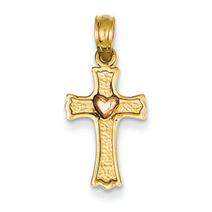 14K Gold Two-tone Budded Cross with Pink Heart Pendant