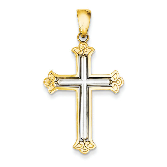 14K Gold Two-tone White Cross in Budded Yellow Cross Frame Pendant