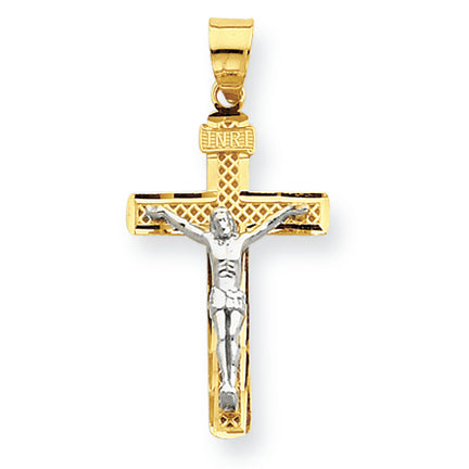 14K Gold Two-tone D/C Medium Block Lattice Cross w/Crucifix Pendant