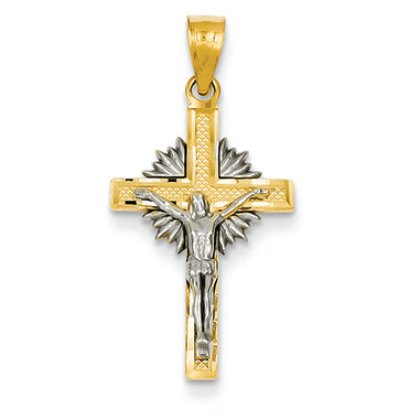 14K Gold Two-tone Small Diamond-cut Crucifix w/Sunrays Pendant
