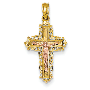 14K Gold Two-tone Lace Trimmed Crucifix Pendant